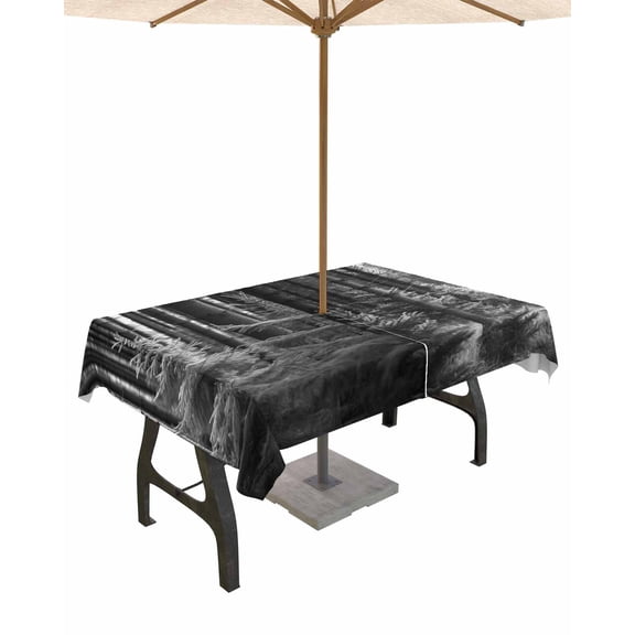 Boanket Outdoor Tablecloth with Umbrella Hole for Patio/Picnic/Party/Camping, Grey Forest Waterproof Table Cloth Rectangle Table Cover Washable, Mysterious Primitive Forest Pine Tree (60"x 102")