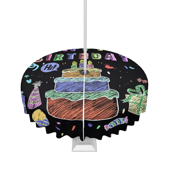 Boanket Outdoor Tablecloth with Umbrella Hole for Patio/Picnic/Party/Camping, Happy Birthday Waterproof Table Cloth Round Cover Washable, Birthday Gifts Cake Balloons Black Dia 54"