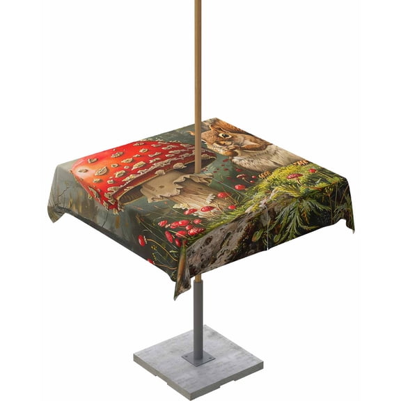 Boanket Outdoor Tablecloth with Umbrella Hole for Patio/Picnic/Party/Camping, Mushroom Squirrel Waterproof Table Cloth Square Cover Washable, Vintage Mushroom Botanical (54"x 54")
