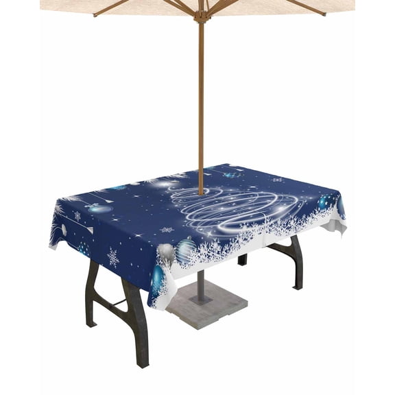 Boanket Outdoor Tablecloth with Umbrella Hole for Patio/Picnic/Party/Camping, Navy Blue Christmas Waterproof Table Cloth Rectangle Table Cover Washable, Snow Xmas Tree Balls Botanical 54"x 80"