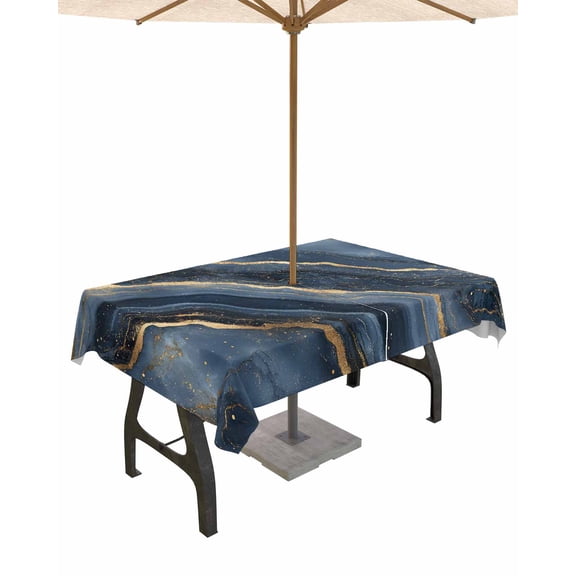 Boanket Outdoor Tablecloth with Umbrella Hole for Patio/Picnic/Party/Camping, Navy Blue Marble Waterproof Table Cloth Rectangle Table Cover Washable, Modern Abstract Contemporary (54"x 80")