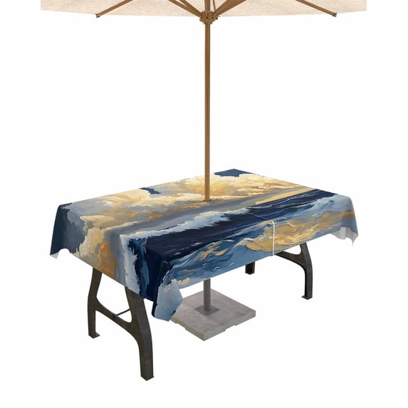 Boanket Outdoor Tablecloth with Umbrella Hole for Patio/Picnic/Party/Camping, Navy Blue Waterproof Table Cloth Rectangle Table Cover Washable, Modern Art Oil Painting Sea Sky (60"x 84")