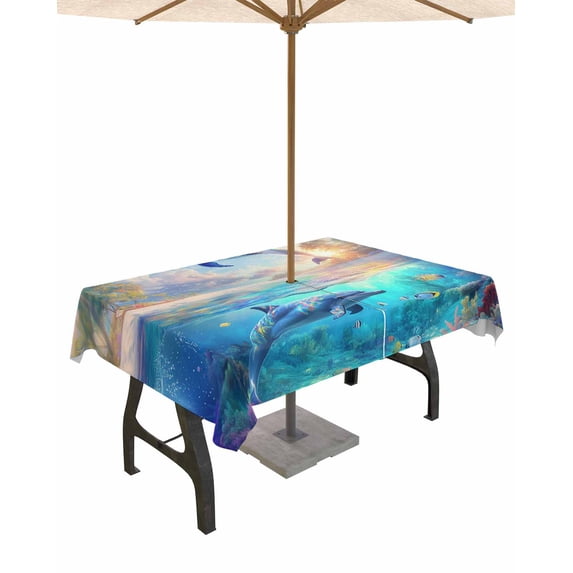 Boanket Outdoor Tablecloth with Umbrella Hole for Patio/Picnic/Party/Camping, Ocean Dolphins Waterproof Table Cloth Rectangle Table Cover Washable, Summer Coral Coconut Trees Tropical Fish (52"x 70")