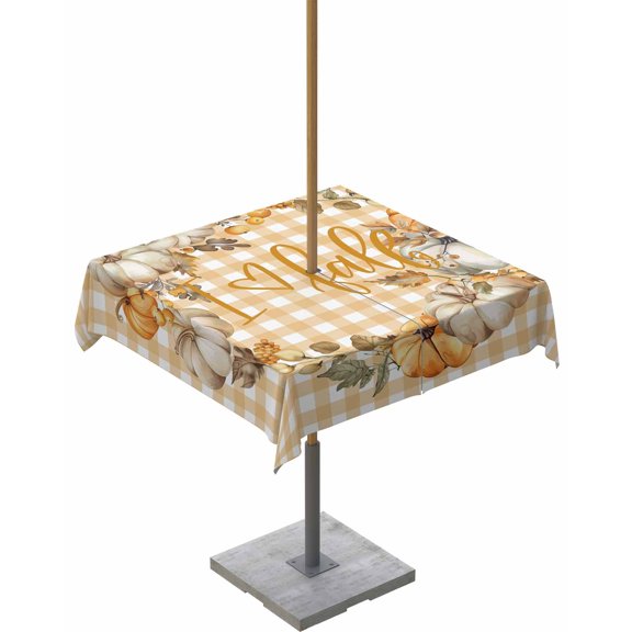 Boanket Outdoor Tablecloth with Umbrella Hole for Patio/Picnic/Party/Camping, Orange Checkered Fall Waterproof Table Cloth Square Cover Washable, Thanksgiving Pumpkins Wreath (60"x 60")