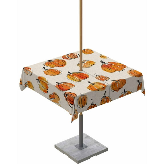 Boanket Outdoor Tablecloth with Umbrella Hole for Patio/Picnic/Party/Camping, Orange Pumpkins Fall Waterproof Table Cloth Square Cover Washable, Rustic Watercolor Thanksgiving (60"x 60")