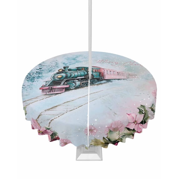 Boanket Outdoor Tablecloth with Umbrella Hole for Patio/Picnic/Party/Camping, Pink Blue Christmas Waterproof Table Cloth Round Cover Washable, Xmas Train Snowflake Botanical (Dia 54")