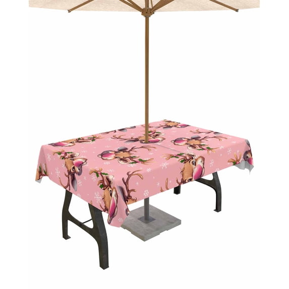 Boanket Outdoor Tablecloth with Umbrella Hole for Patio/Picnic/Party/Camping, Pink Christmas Elk Waterproof Table Cloth Rectangle Table Cover Washable, Xmas Snowflake Botanical (52"x 70")