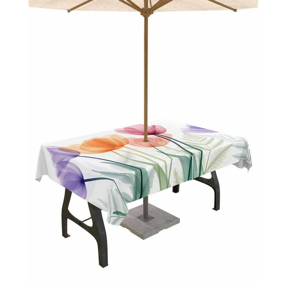 Boanket Outdoor Tablecloth with Umbrella Hole for Patio/Picnic/Party/Camping, Pink Orange Purple Waterproof Table Cloth Rectangle Table Cover Washable, Spring Tulip Floral Elegant Bloom (60"x 84")