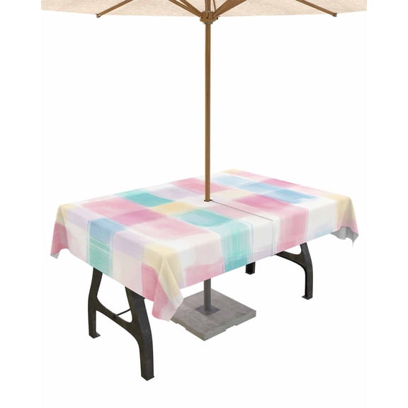Boanket Outdoor Tablecloth with Umbrella Hole for Patio/Picnic/Party/Camping, Punk Blue Check Waterproof Table Cloth Rectangle Table Cover Washable, Boho Rainbow Minimalist Aesthetic (60"x 84")