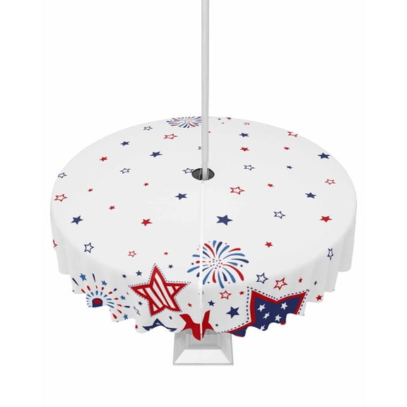 Boanket Outdoor Tablecloth with Umbrella Hole for Patio/Picnic/Party/Camping, Red Blue Star 4th of July Waterproof Table Cloth Round Cover Washable, Independence Day Fireworks (Dia 54")