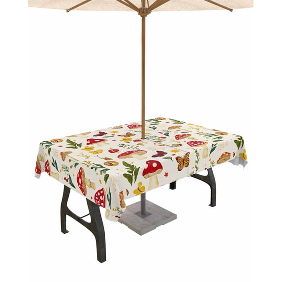 Boanket Outdoor Tablecloth with Umbrella Hole for Patio/Picnic/Party/Camping, Red Mushroom Waterproof Table Cloth Rectangle Table Cover Washable, Spring Floral Summer Botanical (60"x 120")