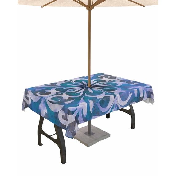 Boanket Outdoor Tablecloth with Umbrella Hole for Patio/Picnic/Party/Camping, Retro Blue Flower Waterproof Table Cloth Rectangle Table Cover Washable, Abstract Boho Ustic Tribal Ethnic (52"x 70")