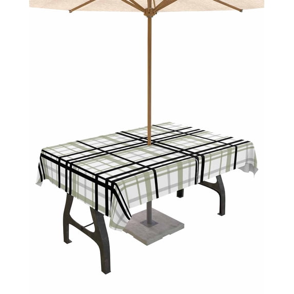 Boanket Outdoor Tablecloth with Umbrella Hole for Patio/Picnic/Party/Camping, Sage Green Black Plaid Waterproof Table Cloth Rectangle Table Cover Washable, Farmhouse Green Black Checkered 60"x 102"