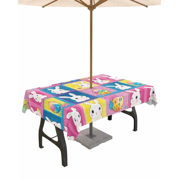 Boanket Outdoor Tablecloth with Umbrella Hole for Patio/Picnic/Party/Camping, Spring Easter Waterproof Table Cloth Rectangle Table Cover Washable, Plaid Bunny Checkered Farmhouse (52"x 70")
