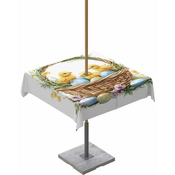Boanket Outdoor Tablecloth with Umbrella Hole for Patio/Picnic/Party/Camping, Spring Easter Waterproof Table Cloth Square Cover Washable, Yellow Purple Flower Blue Colored Egg (54"x 54")