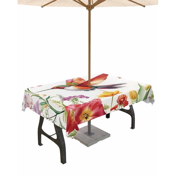 Boanket Outdoor Tablecloth with Umbrella Hole for Patio/Picnic/Party/Camping, Spring Floral Waterproof Table Cloth Rectangle Table Cover Washable, Summer Botanical Vintage Colorful Birds (60"x 84")
