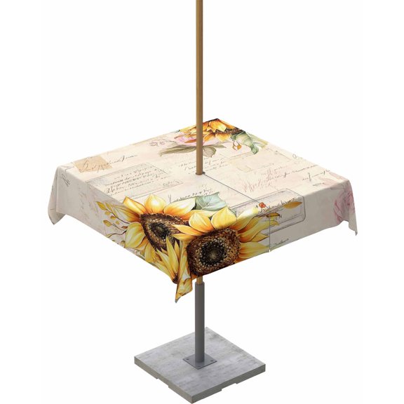 Boanket Outdoor Tablecloth with Umbrella Hole for Patio/Picnic/Party/Camping, Sunflower Waterproof Table Cloth Square Cover Washable, Vintage Botanical Watercolor Floral Leaves (60"x 60")