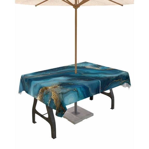 Boanket Outdoor Tablecloth with Umbrella Hole for Patio/Picnic/Party/Camping, Teal Ombre Waterproof Table Cloth Rectangle Table Cover Washable, Marble Abstract Ink Painting Modern (52"x 70")