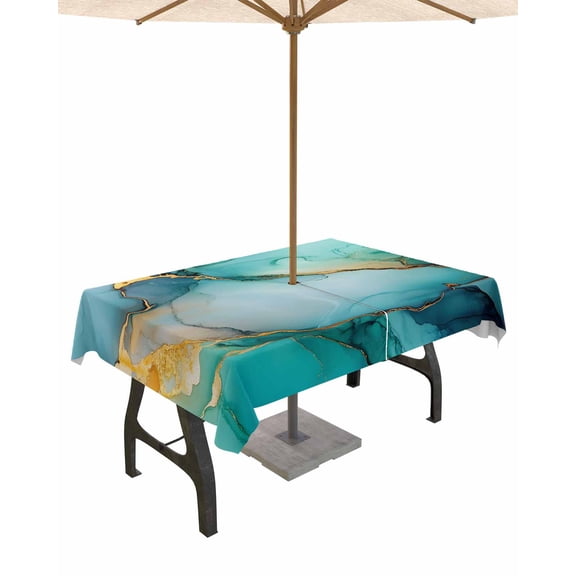 Boanket Outdoor Tablecloth with Umbrella Hole for Patio/Picnic/Party/Camping, Teal Ombre Waterproof Table Cloth Rectangle Table Cover Washable, Modern Ink Painted Marble Abstract (54"x 80")