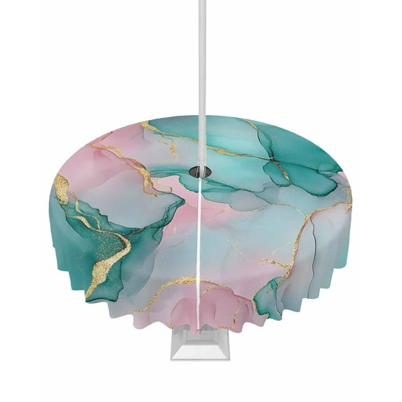 Boanket Outdoor Tablecloth with Umbrella Hole for Patio/Picnic/Party/Camping, Teal Pink Marble Waterproof Table Cloth Round Cover Washable, Abstract Luxury Ink Painting Modern (Dia 60")
