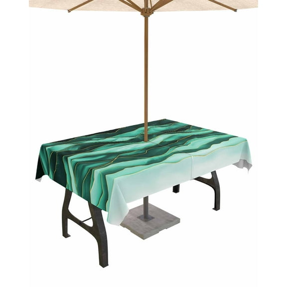 Boanket Outdoor Tablecloth with Umbrella Hole for Patio/Picnic/Party/Camping, Teal Turquoise Marble Waterproof Table Cloth Rectangle Table Cover Washable, Abstract Wave Lines (54"x 80")