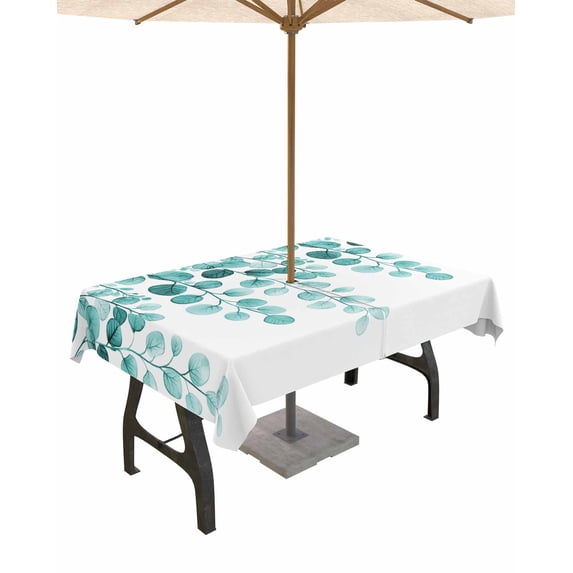 Boanket Outdoor Tablecloth with Umbrella Hole for Patio/Picnic/Party/Camping, Turquoise Eucalyptus Leaves Waterproof Table Cloth Rectangle Table Cover Washable, Watercolor Floral Leaf 54"x 80"