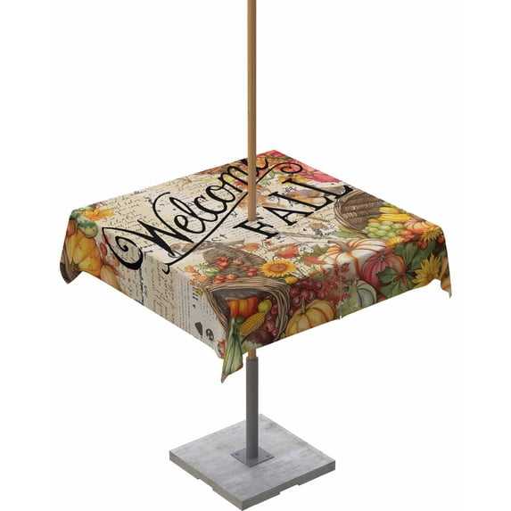 Boanket Outdoor Tablecloth with Umbrella Hole for Patio/Picnic/Party/Camping, Welcome Fall Waterproof Table Cloth Square Cover Washable, Vintage Thanksgiving Pumpkins (54"x 54")