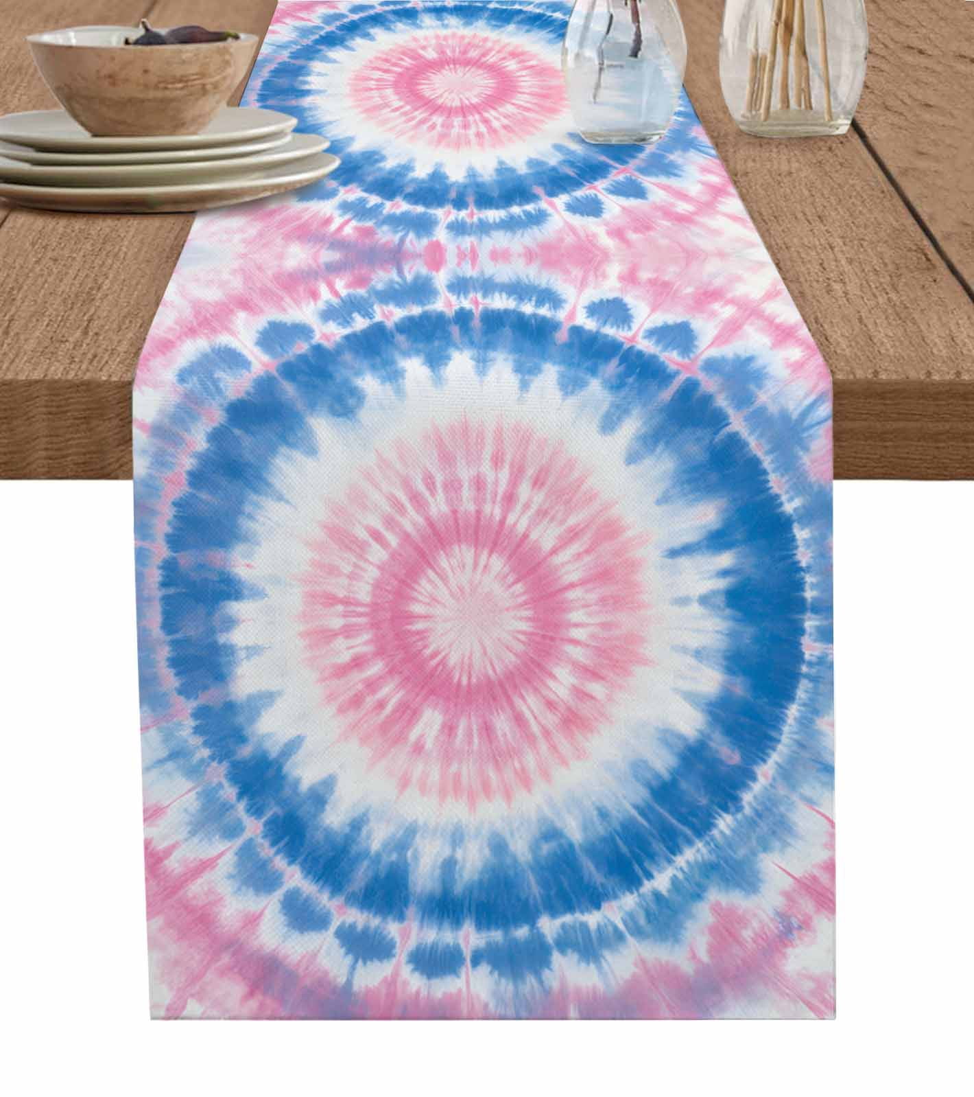 Boanket Pink Blue Ombre Table Runner - 72 Inch Long, Kitchen Dining Table Runner Dresser Scarves, Modern Boho Ethnic Tie Dye Geometric Farmhouse Decor for Coffee Tables Wedding Party Banquet