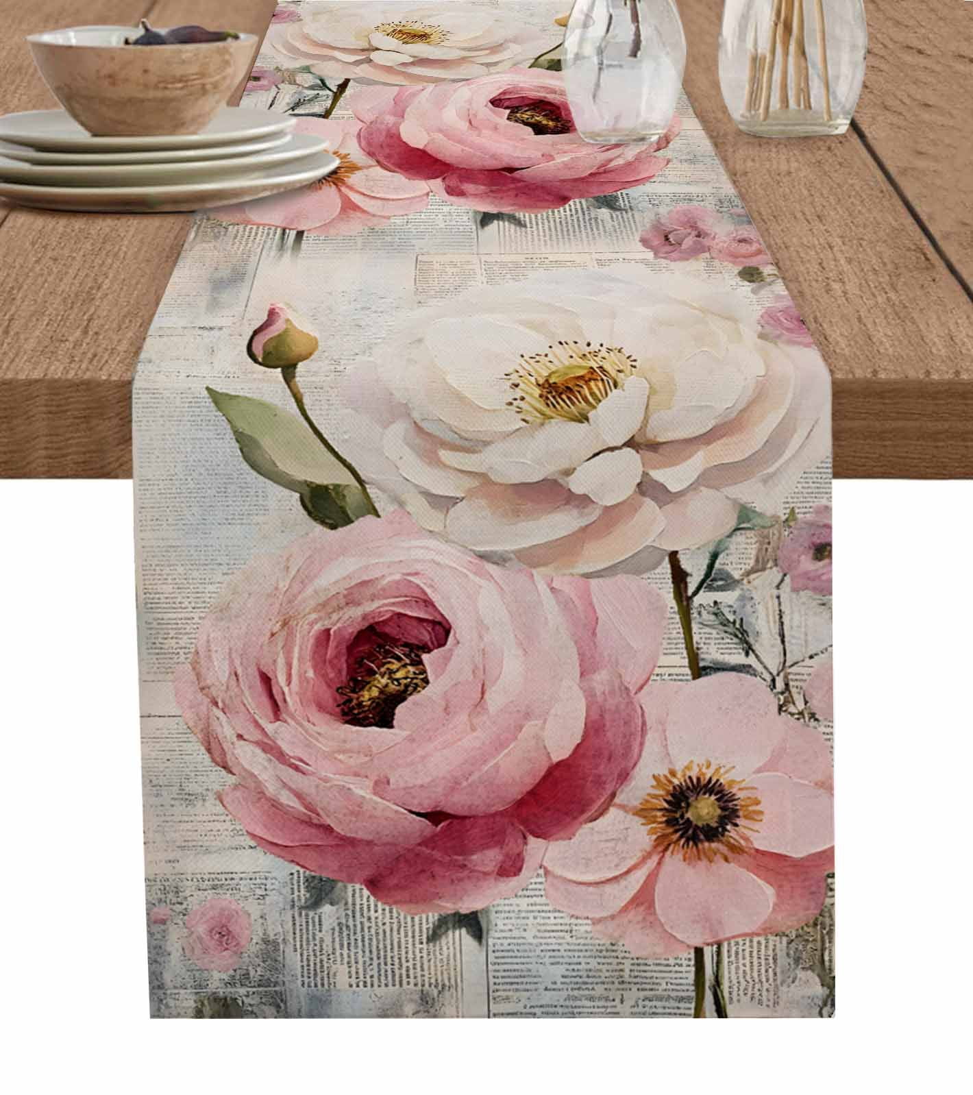 Boanket Pink White Spring Floral Table Runner - 90 Inch Long, Kitchen ...