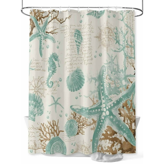 Boanket Polyester Fabric Aqua Coastal Starfish Shower Curtain, Farmhouse Nautical Seahorse Coral Waterproof Bathtub Curtain Bathroom Decor Set with Hooks 54 x 78 Inches,