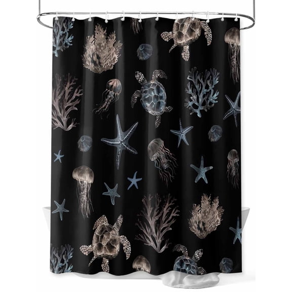Boanket Polyester Fabric Black Coastal Shower Curtain, Nautical Summer Beach Sea Turtle Starfish Waterproof Bathtub Curtain Bathroom Decor Set with Hooks 36 x 78 Inches,