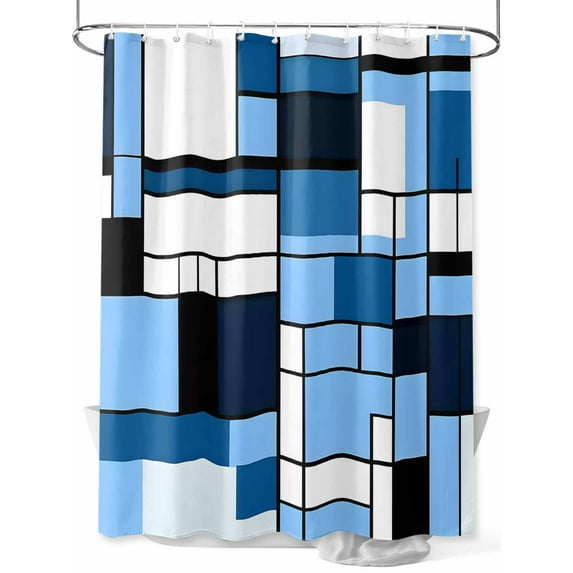 Boanket Polyester Fabric Blue Black Geometric Shower Curtain, Modern White Blue Abstract Art Waterproof Bathtub Curtain Bathroom Decor Set with Hooks 54 x 78 Inches,