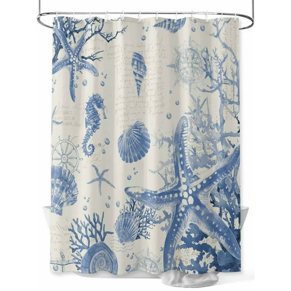 Boanket Polyester Fabric Blue Coastal Starfish Shower Curtain, Beach Ocean Nautical Shells Conch Waterproof Bathtub Curtain Bathroom Decor Set with Hooks 36 x 78 Inches,