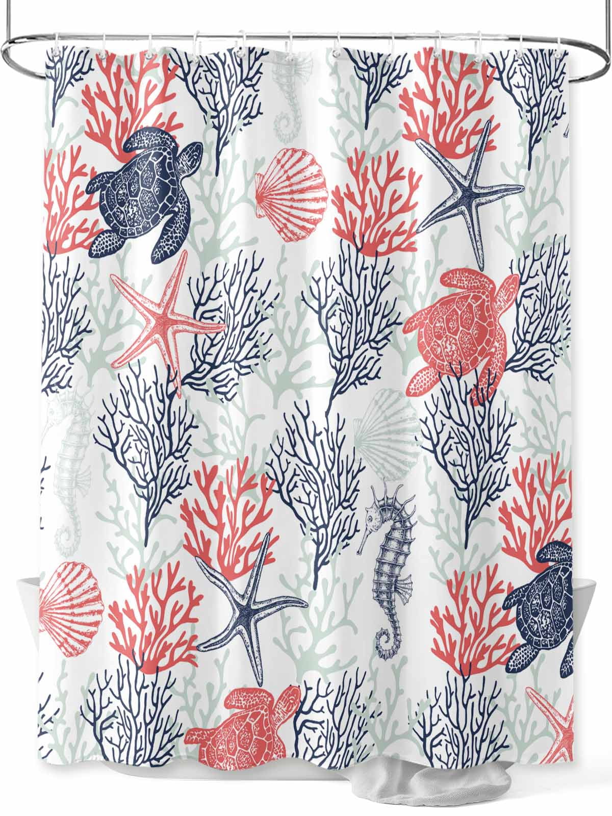 Boanket Polyester Fabric Blue Red Coastal Shower Curtain, Sea Turtle Nautical Coral Summer Beach Waterproof Bathtub Curtain Bathroom Decor Set with Hooks 60 x 72 Inches,