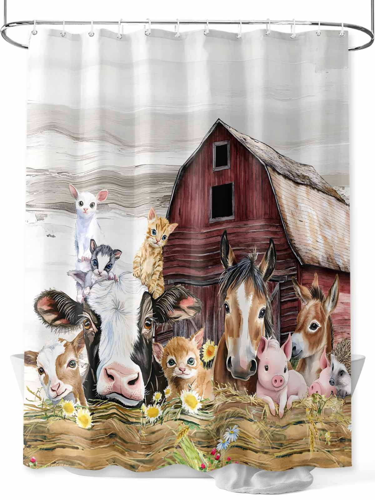 Farm Animal Shower Curtain Set – Vintage Cow, Pig, Donkey On Red Truck, Waterproof 72x60 Inch With Hooks