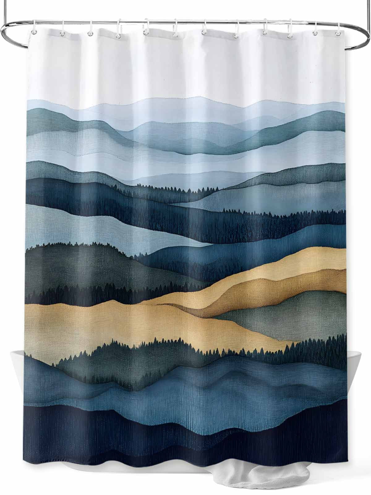 Boanket Polyester Fabric Mountains Blue Gold Shower Curtain, Modern Green Forest Trees Waterproof Bathtub Curtain Bathroom Decor Set with Hooks 72 x 72 Inches,