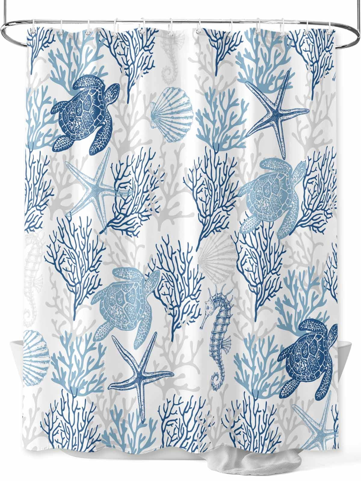 Boanket Polyester Fabric Navy Blue Grey Coastal Shower Curtain, Sea Turtle Nautical Coral Summer Beach Waterproof Bathtub Curtain Bathroom Decor Set with Hooks 54 x 78 Inches,