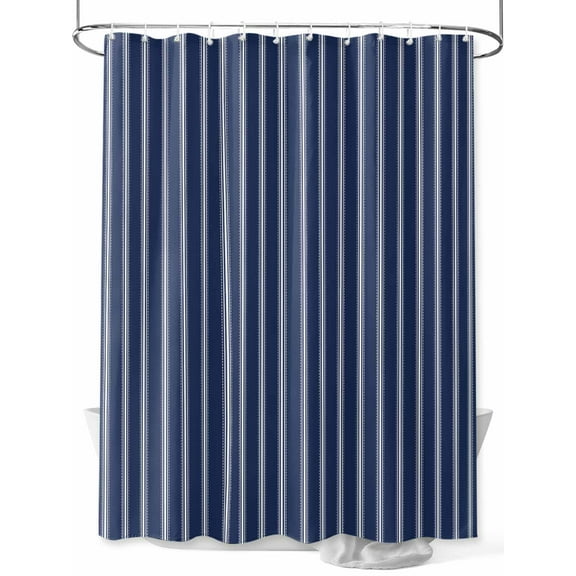 Boanket Polyester Fabric Navy Blue Striped Shower Curtain, Navy Blue White Farmhouse Stripes Waterproof Bathtub Curtain Bathroom Decor Set with Hooks 36 x 72 Inches,