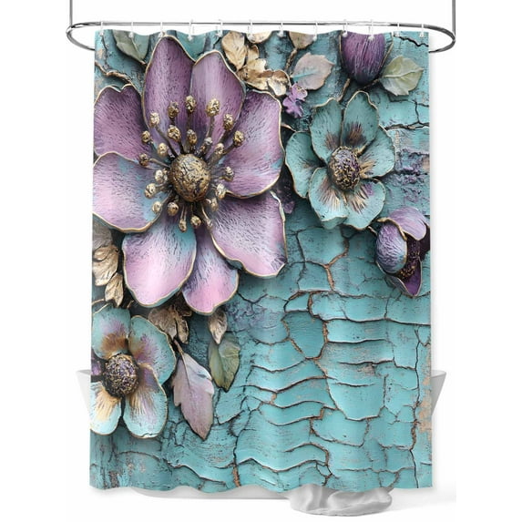 Boanket Polyester Fabric Purple Flowers Shower Curtain, Retro Floral Pastoral Mottled Walls Waterproof Bathtub Curtain Bathroom Decor Set with Hooks 72 x 84 Inches,