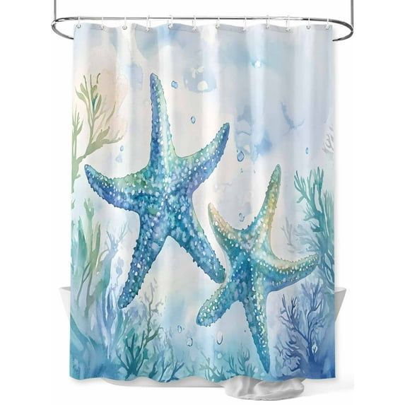 Boanket Polyester Fabric Teal Blue Summer Coastal Shower Curtain, Ocean Watercolor Coral Starfish Waterproof Bathtub Curtain Bathroom Decor Set with Hooks 72 x 84 Inches,