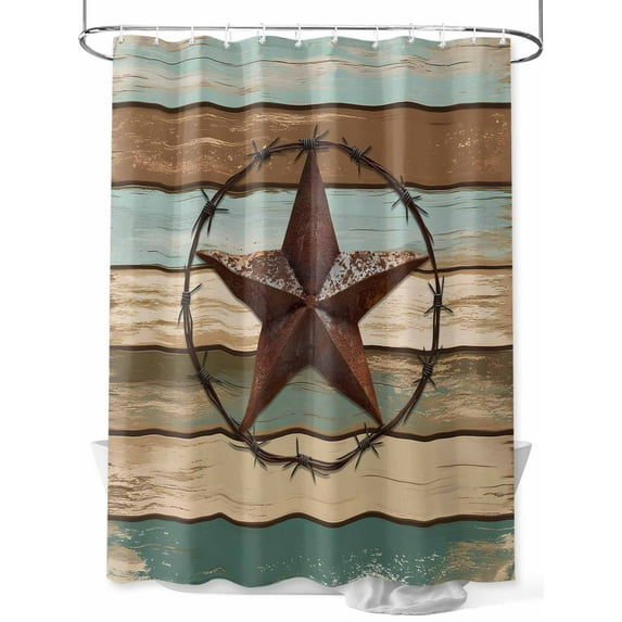 Boanket Polyester Fabric Teal Brown Farmhouse Shower Curtain, Country Texas Star Vintage Waterproof Bathtub Curtain Bathroom Decor Set with Hooks 72 x 72 Inches,