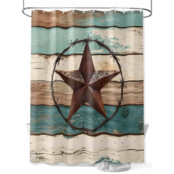 Boanket Polyester Fabric Texas Star Shower Curtain, Country Teal Brown Farmhouse Wooden Waterproof Bathtub Curtain Bathroom Decor Set with Hooks 36 x 72 Inches,