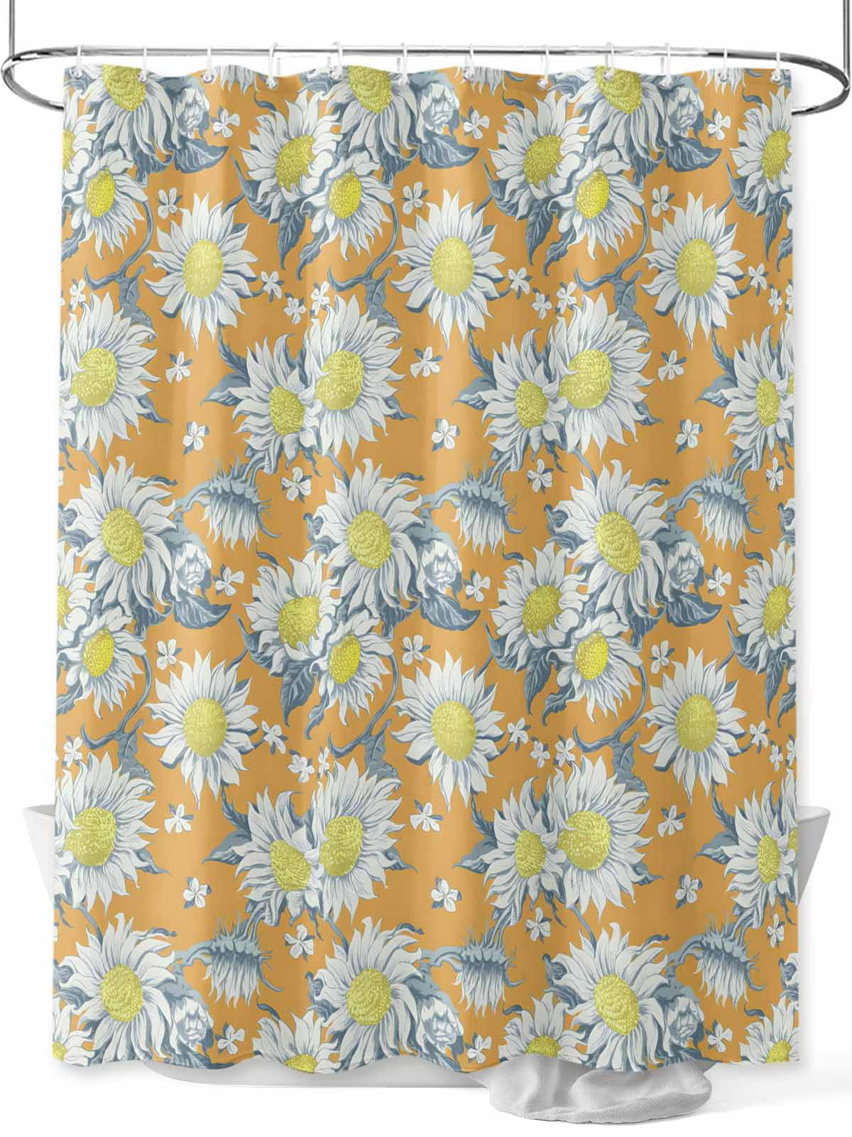 JAWO Farmhouse Floral Shower Curtain Set - Grey Daisy & Sunflower Pattern, 72x78 Inches, Includes Hooks