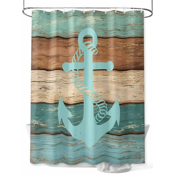 Boanket Polyester Fabric Turquoise Anchor Shower Curtain, Nautical Brown Green Retro Wood Grain Waterproof Bathtub Curtain Bathroom Decor Set with Hooks 66 x 72 Inches,