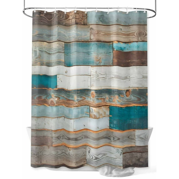 Boanket Polyester Fabric Turquoise Brown Shower Curtain, Vintage Country Ombre Wooden Grain Waterproof Bathtub Curtain Bathroom Decor Set with Hooks 54 x 78 Inches,