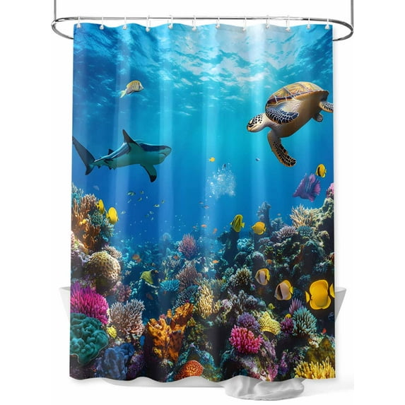 Boanket Polyester Fabric Turtle Shower Curtain, Blue Ocean Sea Shark Coral Cartoon Fish Summer Waterproof Bathtub Curtain Bathroom Decor Set with Hooks 72 x 78 Inches,