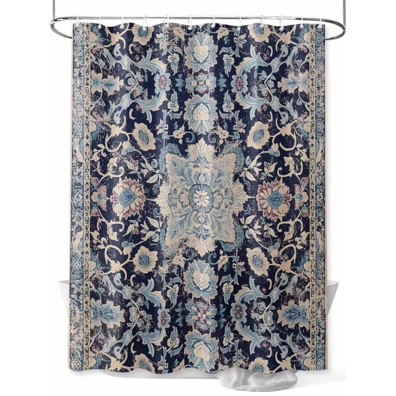 Boanket Polyester Fabric Vintage Flower, Oriental Boho Tribal Blue Shower Curtain, Waterproof Bathtub Curtain Bathroom Decor Set with Hooks 72 x 84 Inches,