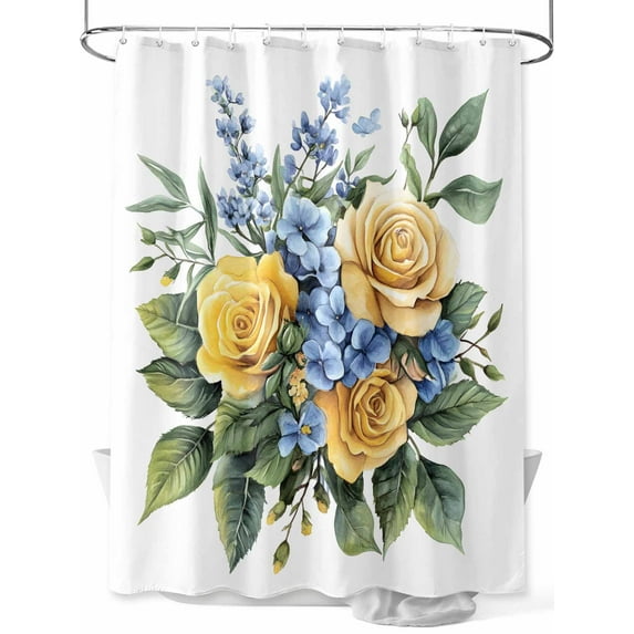 Boanket Polyester Fabric Yellow Blue Floral Leaves Shower Curtain, Garden Flowers Botanical Waterproof Bathtub Curtain Bathroom Decor Set with Hooks 72 x 72 Inches,
