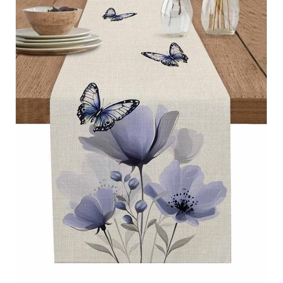 Boanket Purple Flowers Table Runner - 36 Inch Long, Kitchen Dining Table Runner Dresser Scarves, Spring Farmhouse Retro Tulip Butterfly Farmhouse Decor for Coffee Tables Wedding Party Banquet