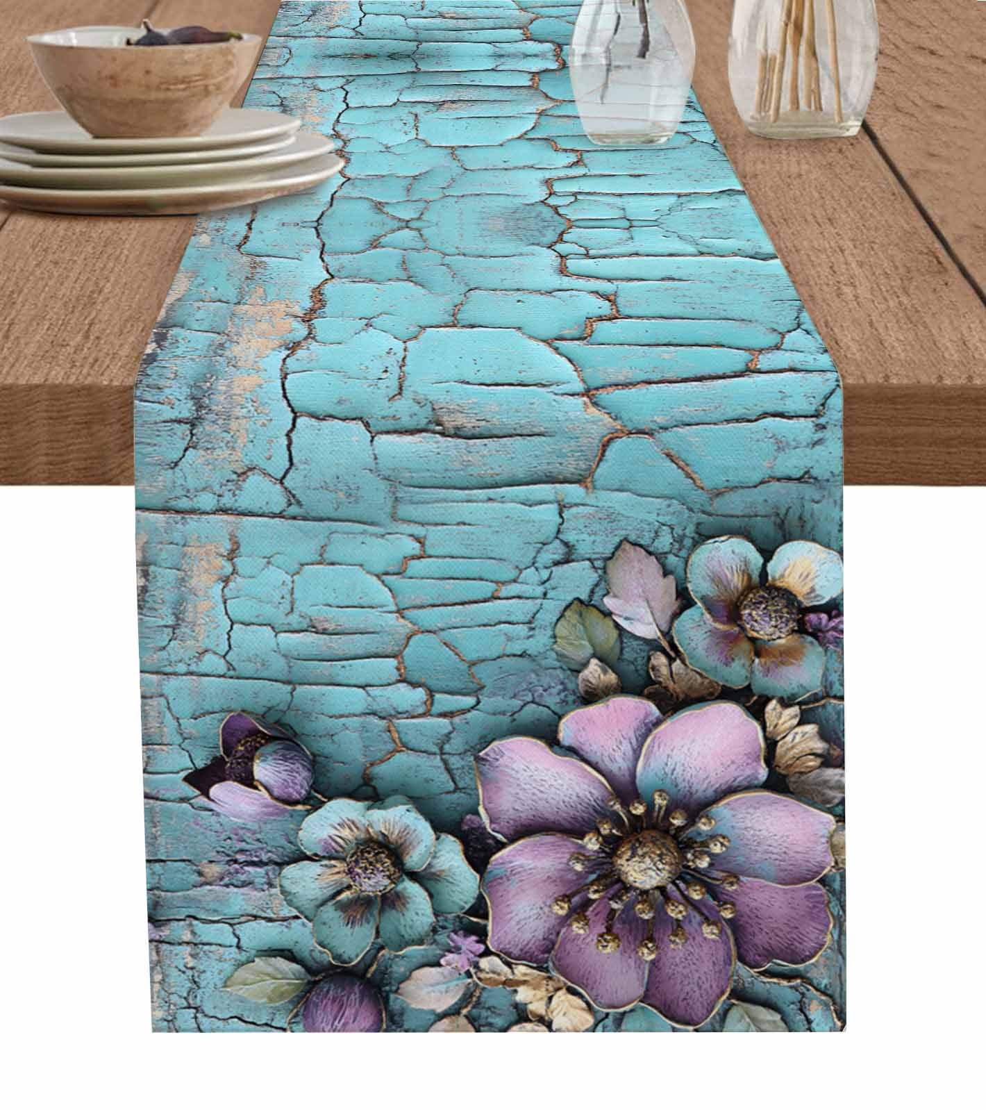Boanket Purple Flowers Table Runner - 60 Inch Long, Kitchen Dining ...